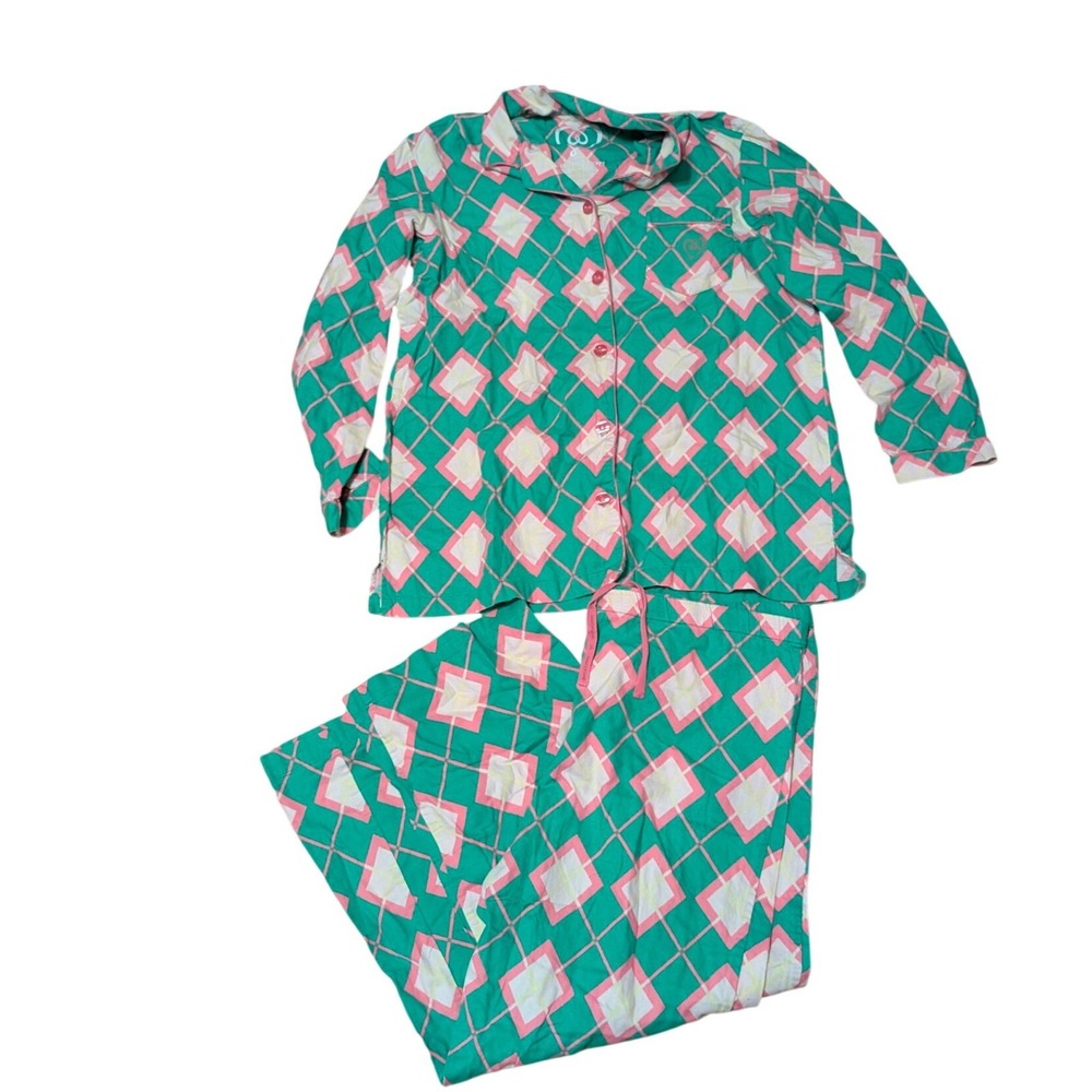 Victoria's Secret Green Pink Diamond Print Cotton Flannel Pajama Set XL